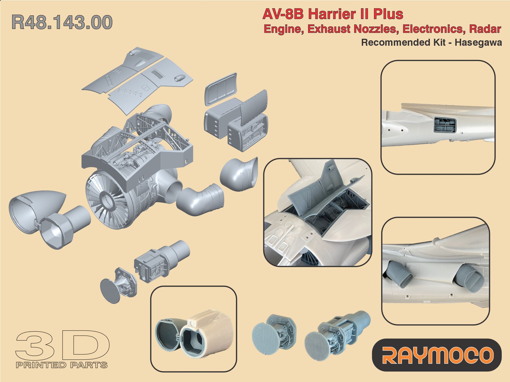 R48.143.00  1/48 AV-8B HARRIER II Plus Engine, Exhaust Nozzles, Electronics, Radar. Recommended Kit - HASEGAWA