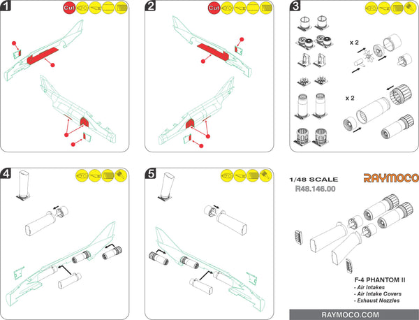 R48.146.00  1/48 F-4 PHANTOM II (J,E,EJ) Air Intakes, Air Intake Covers, Exhaust Nozzles (Long Style). Recommended Kit - Hasegawa