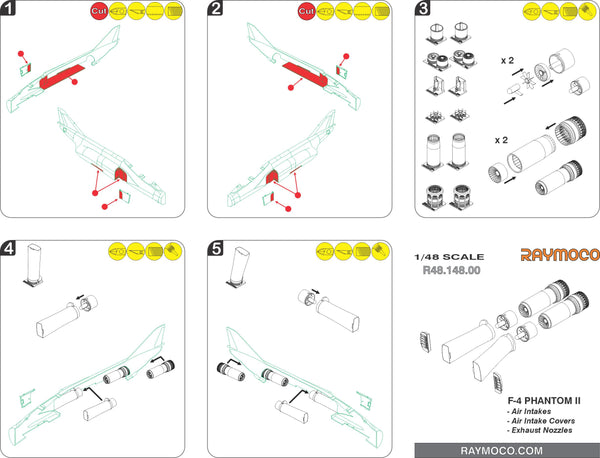 R48.148.00  1/48 F-4 PHANTOM II (J,E,EJ) Air Intakes, Air Intake Covers, Exhaust Nozzles (Short Style). Recommended Kit - Hasegawa