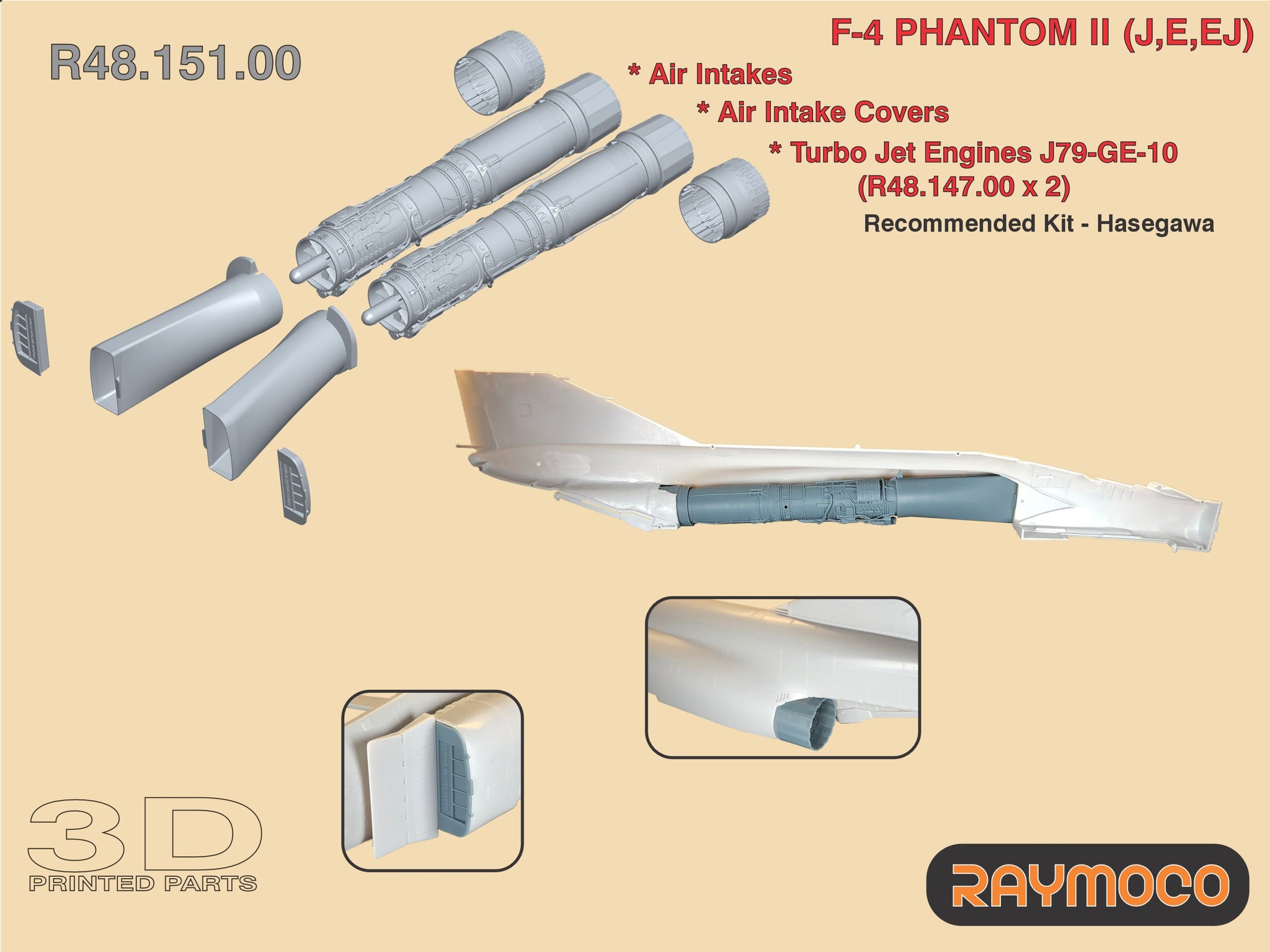 R48.151.00  1/48 F-4 PHANTOM II (J,E,EJ) Air Intakes, Air Intake Covers, Exhaust Nozzles Turbo Jet Engine J79-GE-10. Recommended Kit - Hasegawa