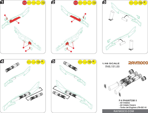 R48.151.00  1/48 F-4 PHANTOM II (J,E,EJ) Air Intakes, Air Intake Covers, Exhaust Nozzles Turbo Jet Engine J79-GE-10. Recommended Kit - Hasegawa