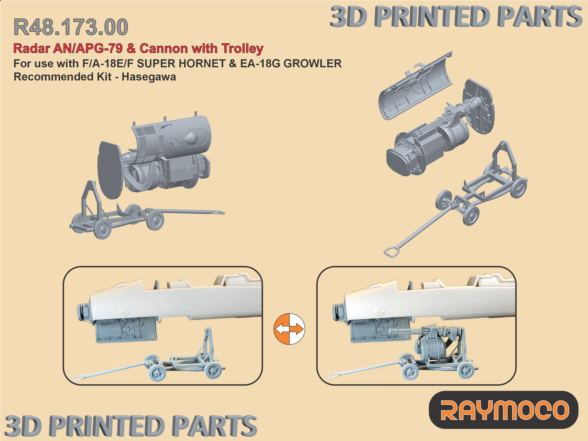 R48.173.00  1/48 F/A-18E/F & EA-18G Radar & Cannon with Trolley. Recommended Kits - Hasegawa
